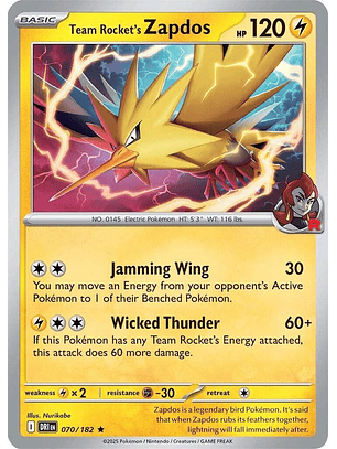 Team Rocket's Zapdos - 070/182 - Holo Rare - DRI 