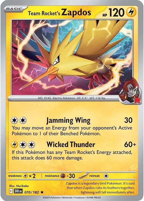 Team Rocket's Zapdos - 070/182 - Holo Rare - DRI 