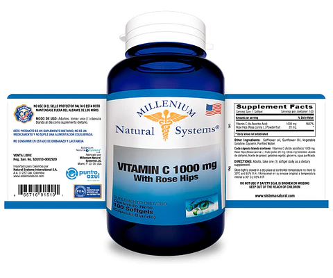 Vitamina C 1000 mg Rose Hips 100 Softgels