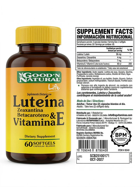 Luteína Zeaxantina Betacaroteno & Vitamina E Good Natural Life 60 Softgels