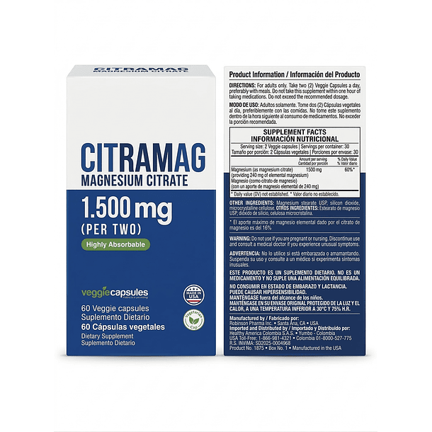 Citramag Magnesium Citrate 1500mg 60 Capsulas Healthy America 2