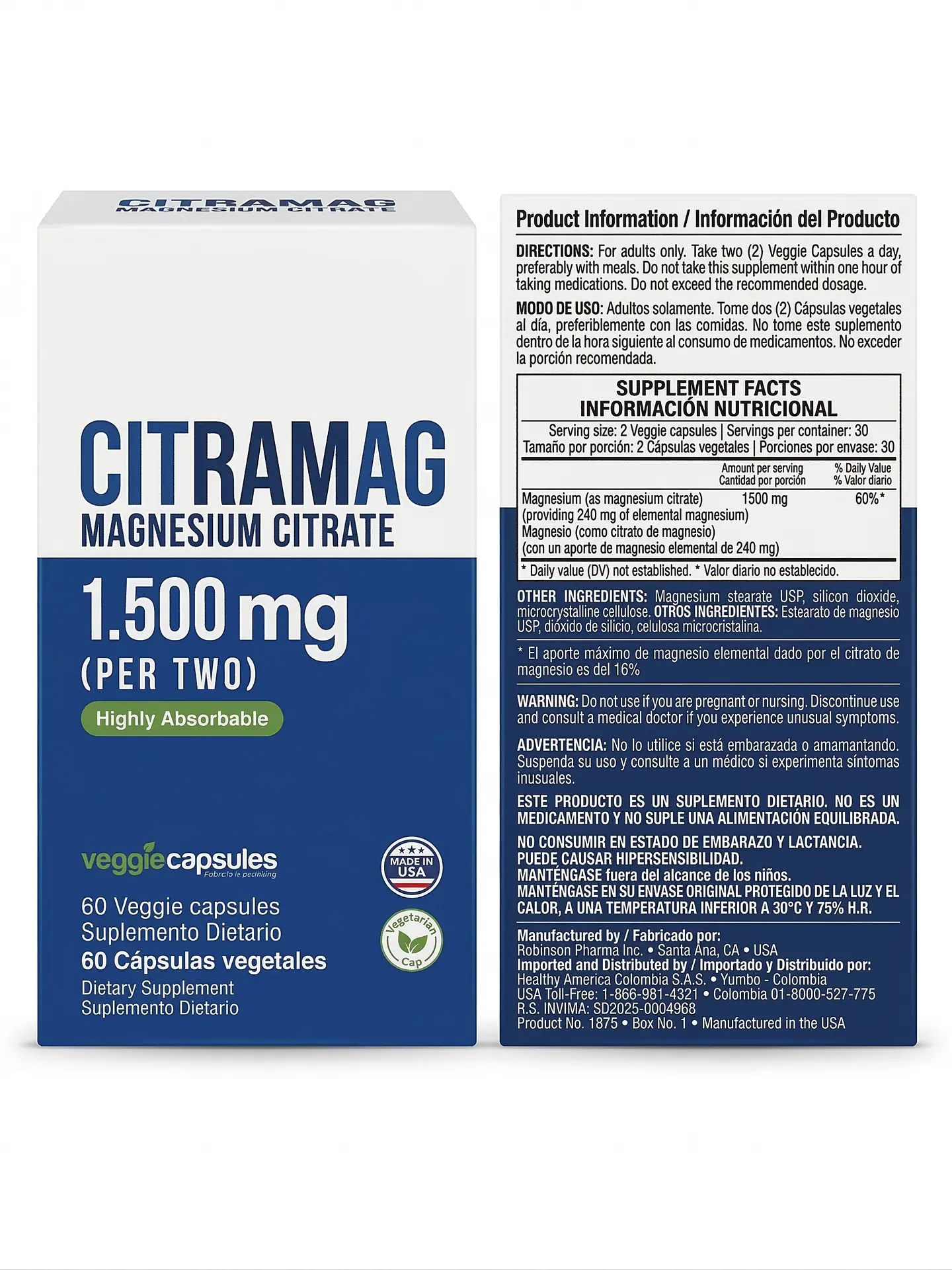 Citramag Magnesium Citrate 1500mg 60 Capsulas Healthy America 2