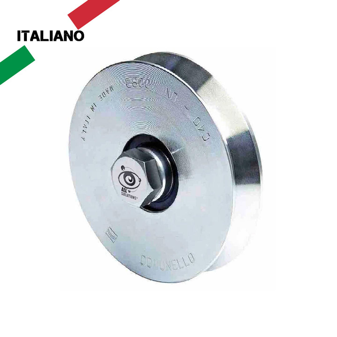 Ruedas para Portón Comunello Serie 305V con doble rodamiento. Diámetros de 100 a 160mm con Perno Pasado y Tuerca 1