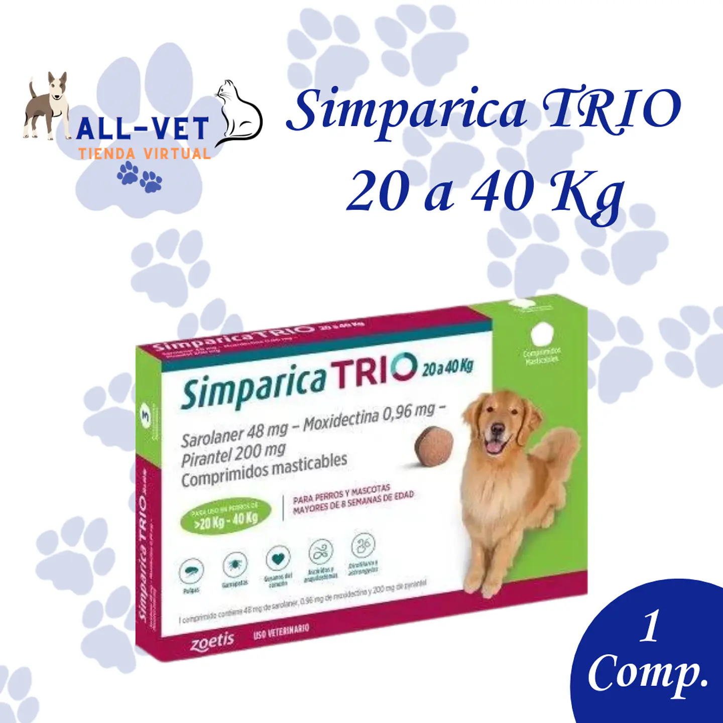 Simparica Trio 20 A 40 Kg (1 Comprimido) 1