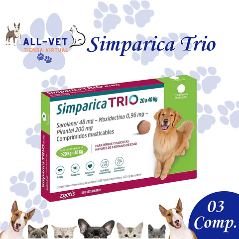 Simparica Trio 20 A 40 Kg - 3 Comprimidos