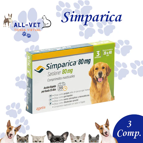 Simparica 80 mg 20 A 40 Kg - 3 Comprimidos