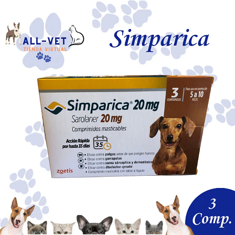 Simparica 20 mg 5 A 10 Kg - 3 Comprimidos