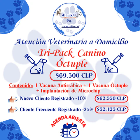 Tri-Pack de Vacunas Caninas Óctuple a Domicilio en Santiago - Con Agenda en Línea