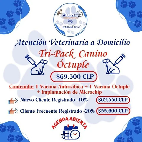 Tri-Pack de Vacunas Caninas Óctuple a Domicilio en Santiago - Con Agenda en Línea