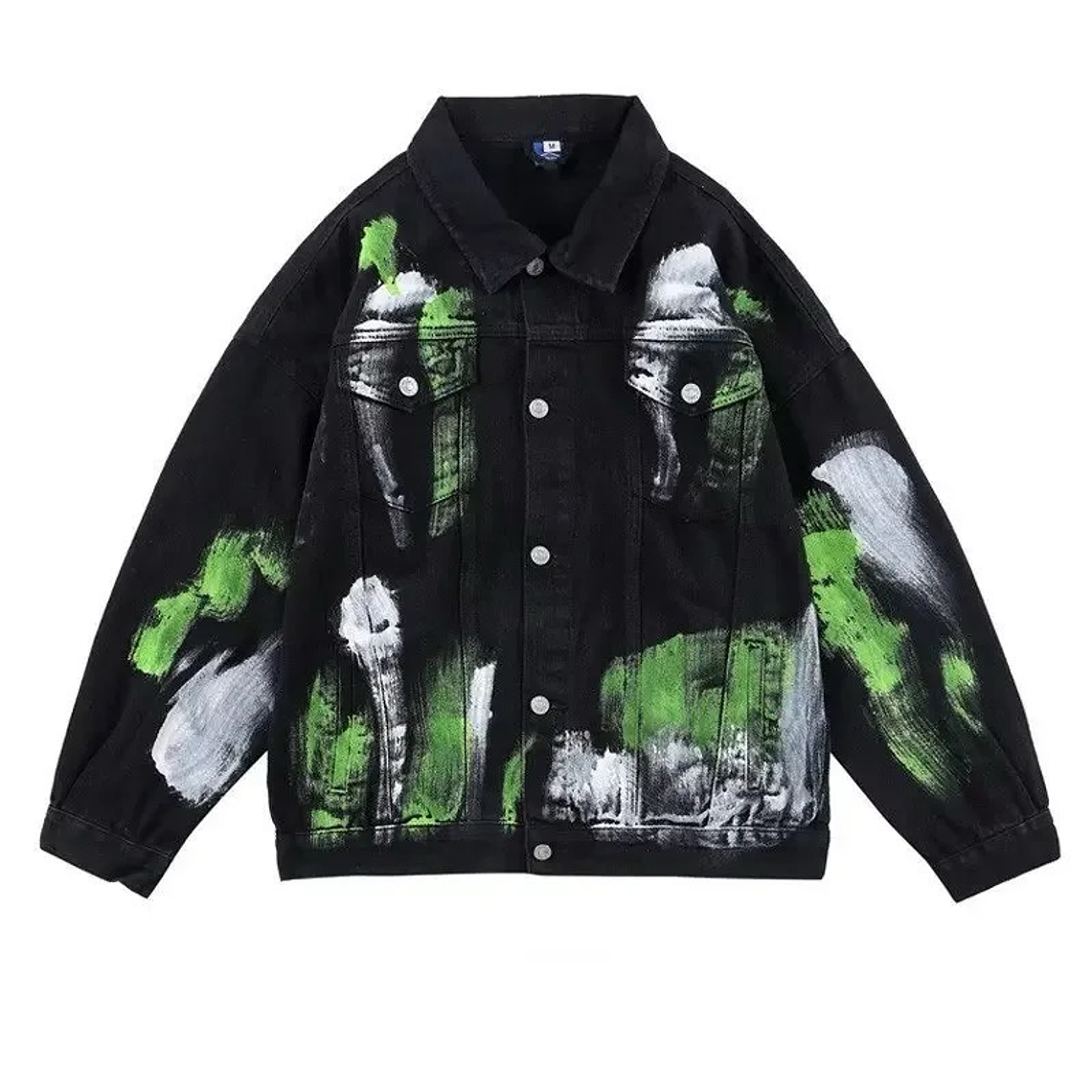 Chaqueta Denim Negra Pintura Artística Verde y Blanco 1