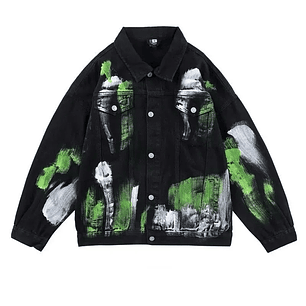 Chaqueta Denim Negra Pintura Artística Verde y Blanco