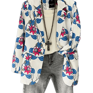 Blazer Floral Blanco con Azul y Fucsia