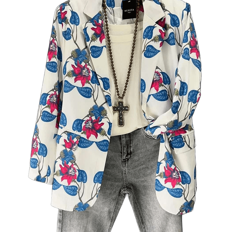 Blazer Floral Blanco con Azul y Fucsia 1