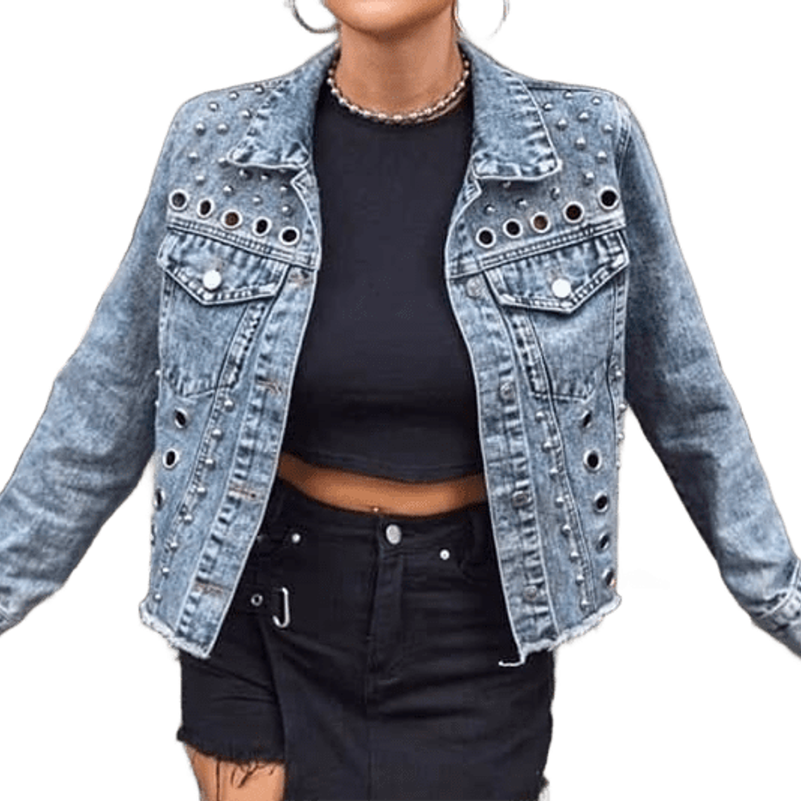 Chaqueta Denim con Ojetillos y Tachas Plateadas 1