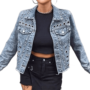 Chaqueta Denim con Ojetillos y Tachas Plateadas