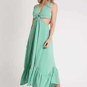 Vestido verde con recorte frontal y lazo en la espalda: