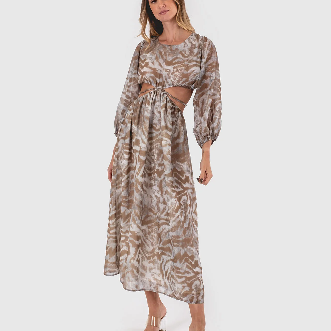 Vestido estampado beige con recortes laterales: 2
