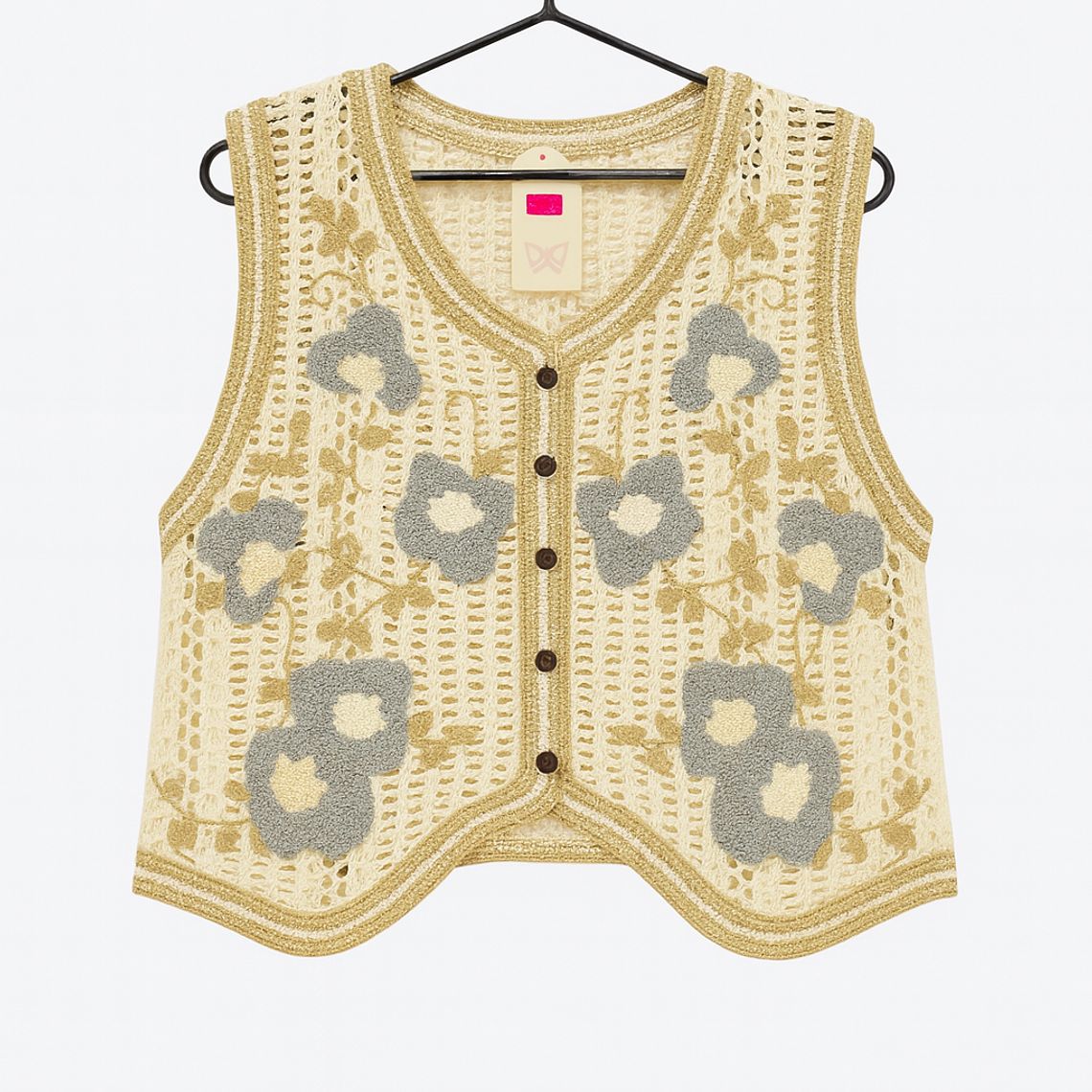 Chaleco Tejido Vintage con Flores – Beige 1