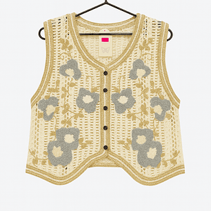 Chaleco Tejido Vintage con Flores – Beige
