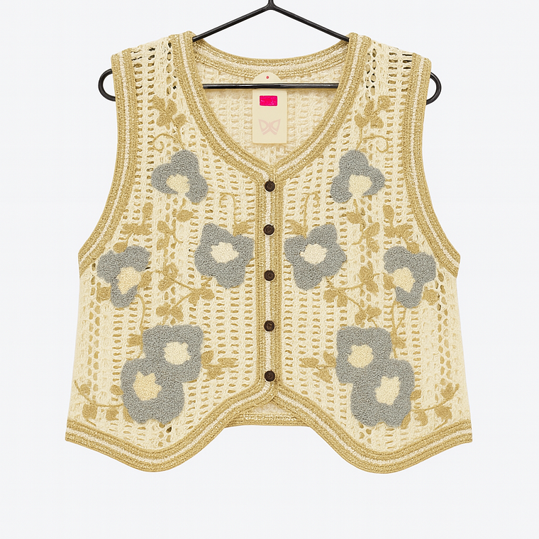 Chaleco Tejido Vintage con Flores – Beige 1