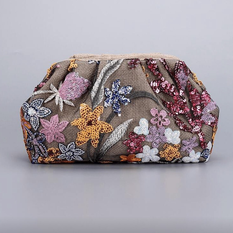 Clutch Bordado Floral Beige Arpillera  1