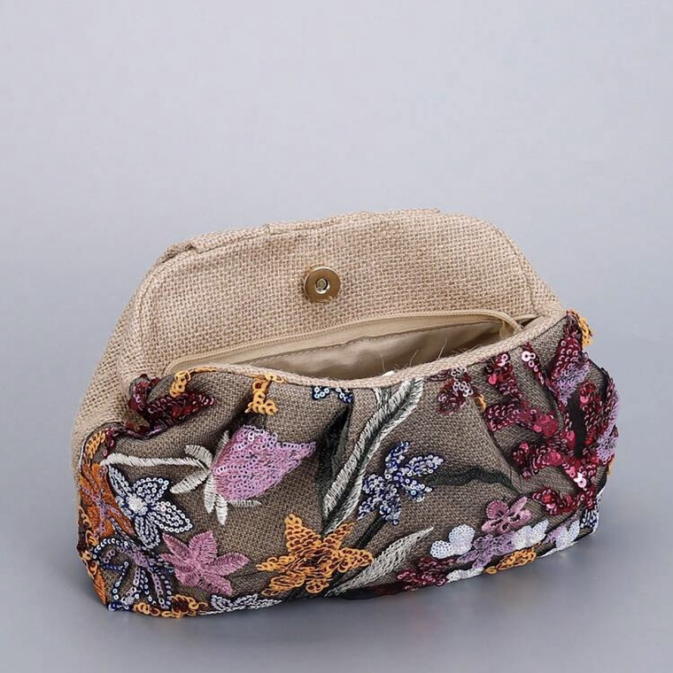 Clutch Bordado Floral Beige Arpillera  3