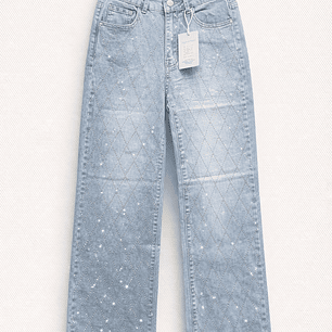 Jeans Celeste con Brillos en Patrón Rombo