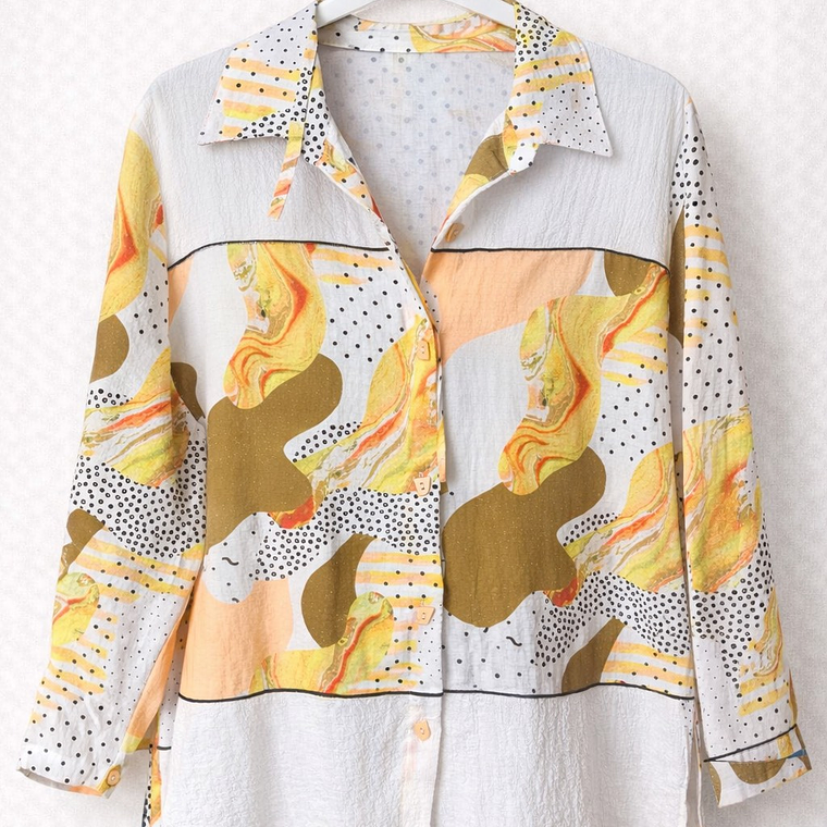 Blusa Estampada Tonos Crema y Mostaza (L) 1