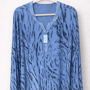 Blusa Azul Estampada con Escote en V