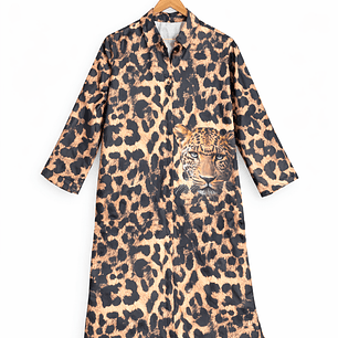 Vestido Camisero Largo Animal Print Italiano con Bolsillos