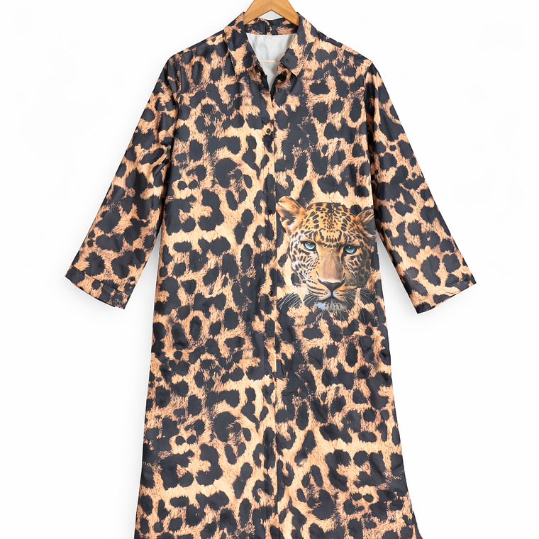 Vestido Camisero Largo Animal Print Italiano con Bolsillos 1