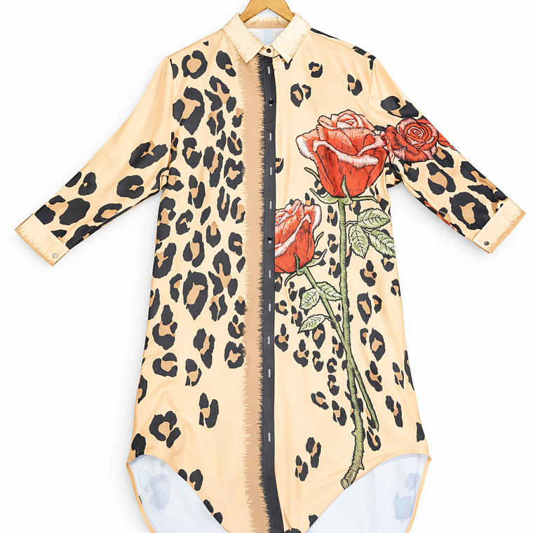 Tapado Camisero Largo Italiano Beige Floral & Animal Print 1