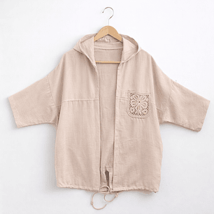 Chaqueta Beige de Lino con Capucha y Detalle de Encaje