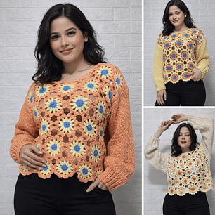 Suéter crochet flores geométricas