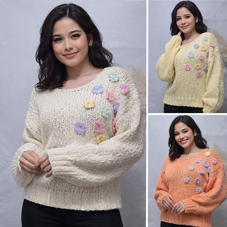 Suéter con flores en relieve pastel 1