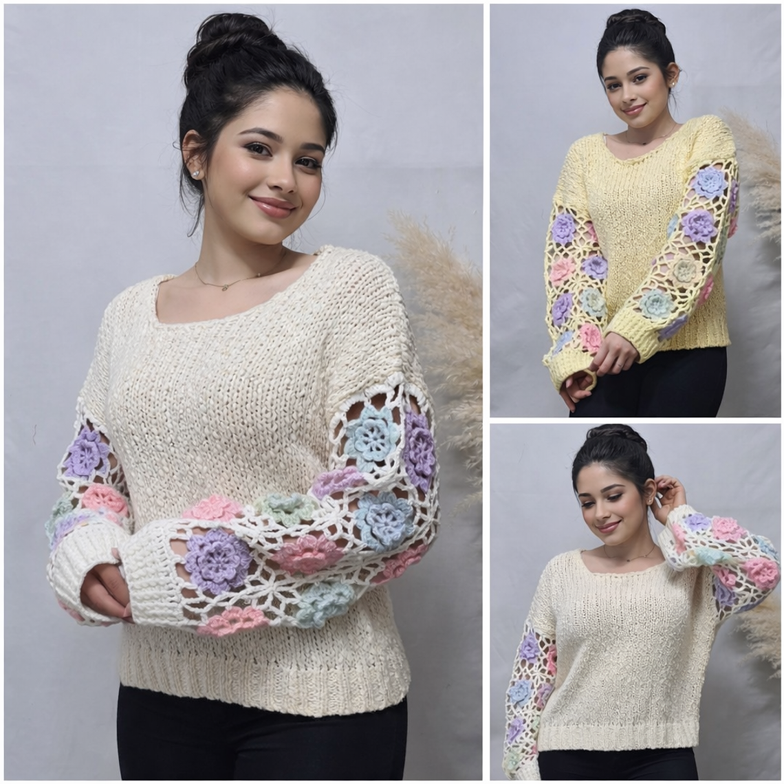 Suéter con mangas crochet floral 1