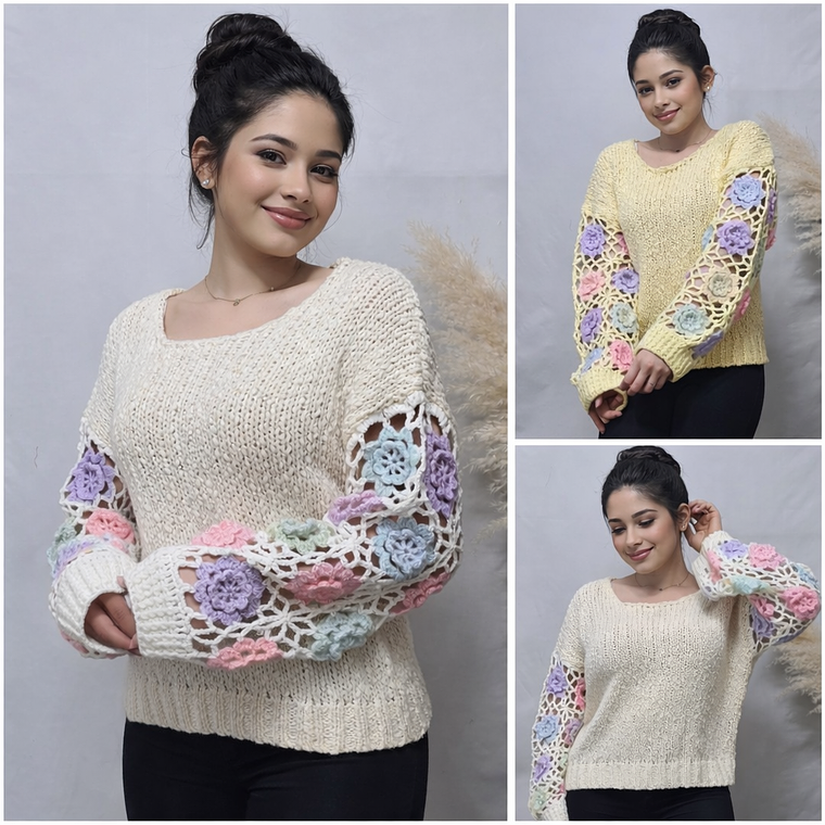 Suéter con mangas crochet floral 1