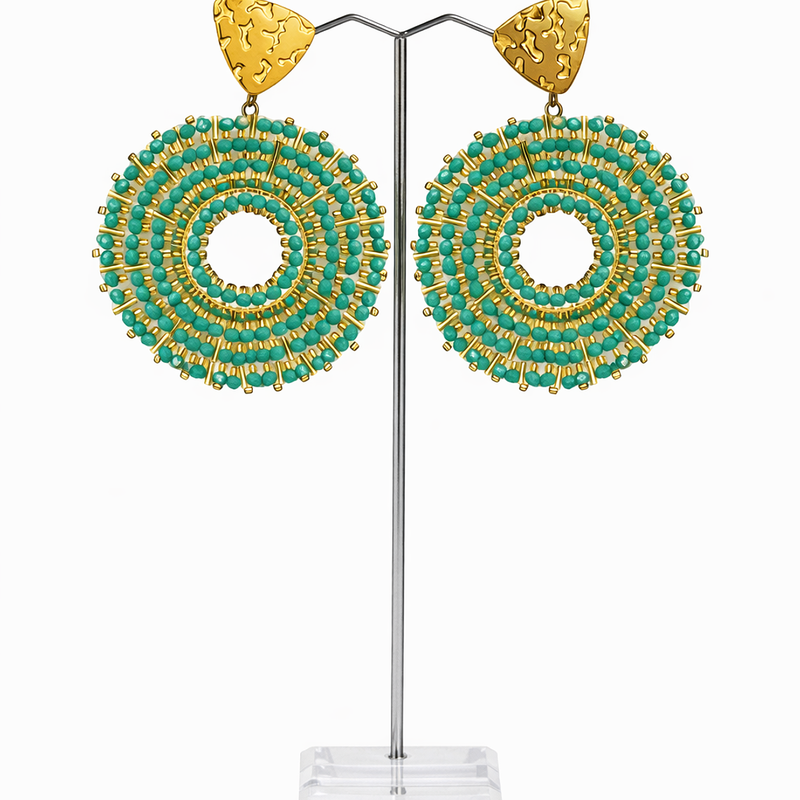 Aros Circulares Dorados con Mostacillas Turquesa Intenso 1