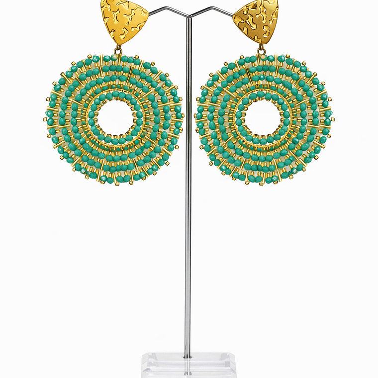 Aros Circulares Dorados con Mostacillas Turquesa Intenso 1