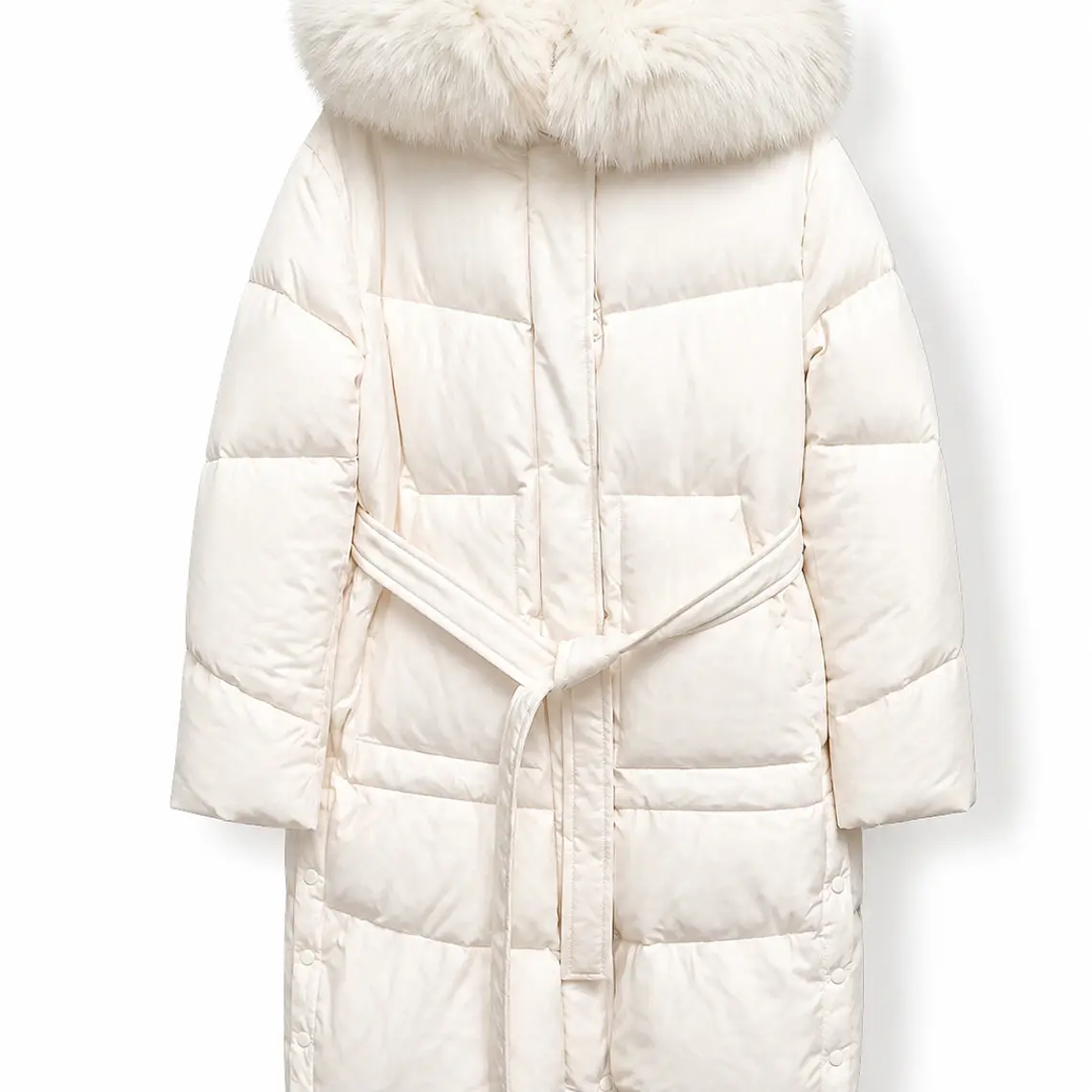 Chaqueta larga acolchada con cinturón y capucha (beige claro) 1