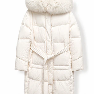 Chaqueta larga acolchada con cinturón y capucha (beige claro)