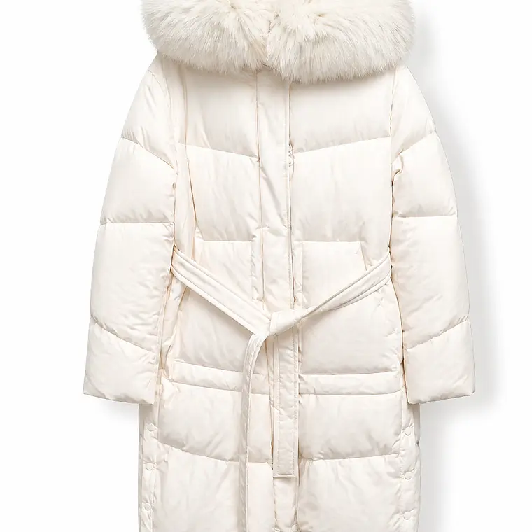 Chaqueta larga acolchada con cinturón y capucha (beige claro) 1