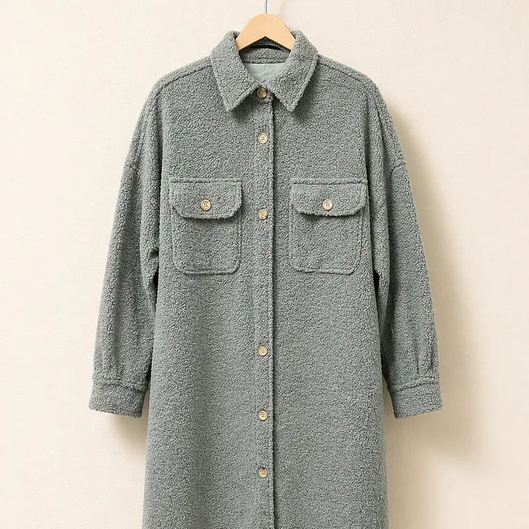 Chaqueta abrigo larga tipo teddy grisáceo 1