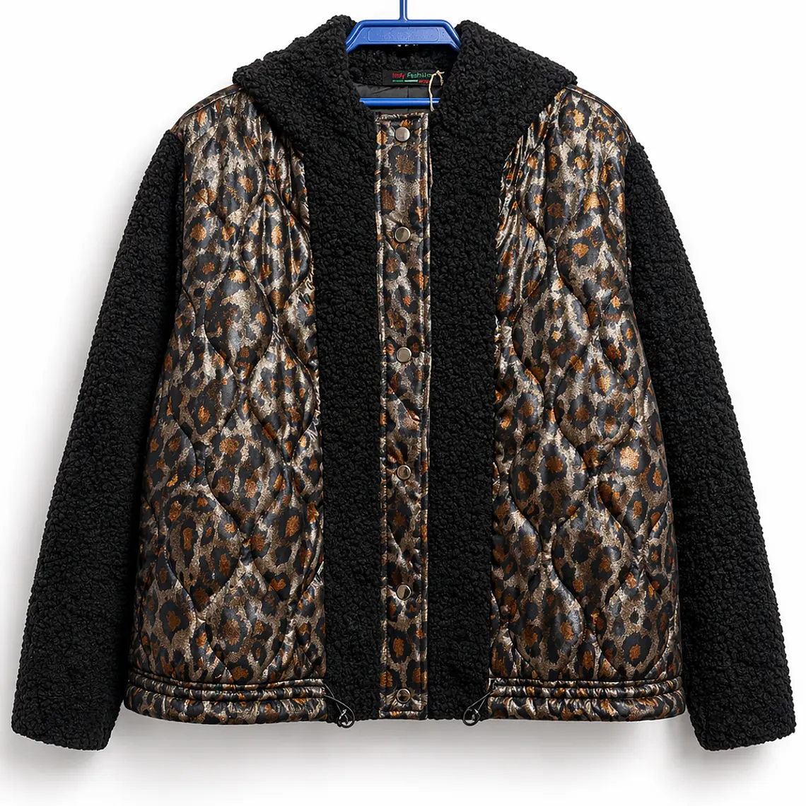 Chaqueta combinada acolchada animal print y teddy negro 1
