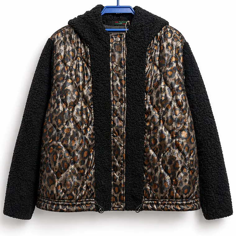 Chaqueta combinada acolchada animal print y teddy negro 1
