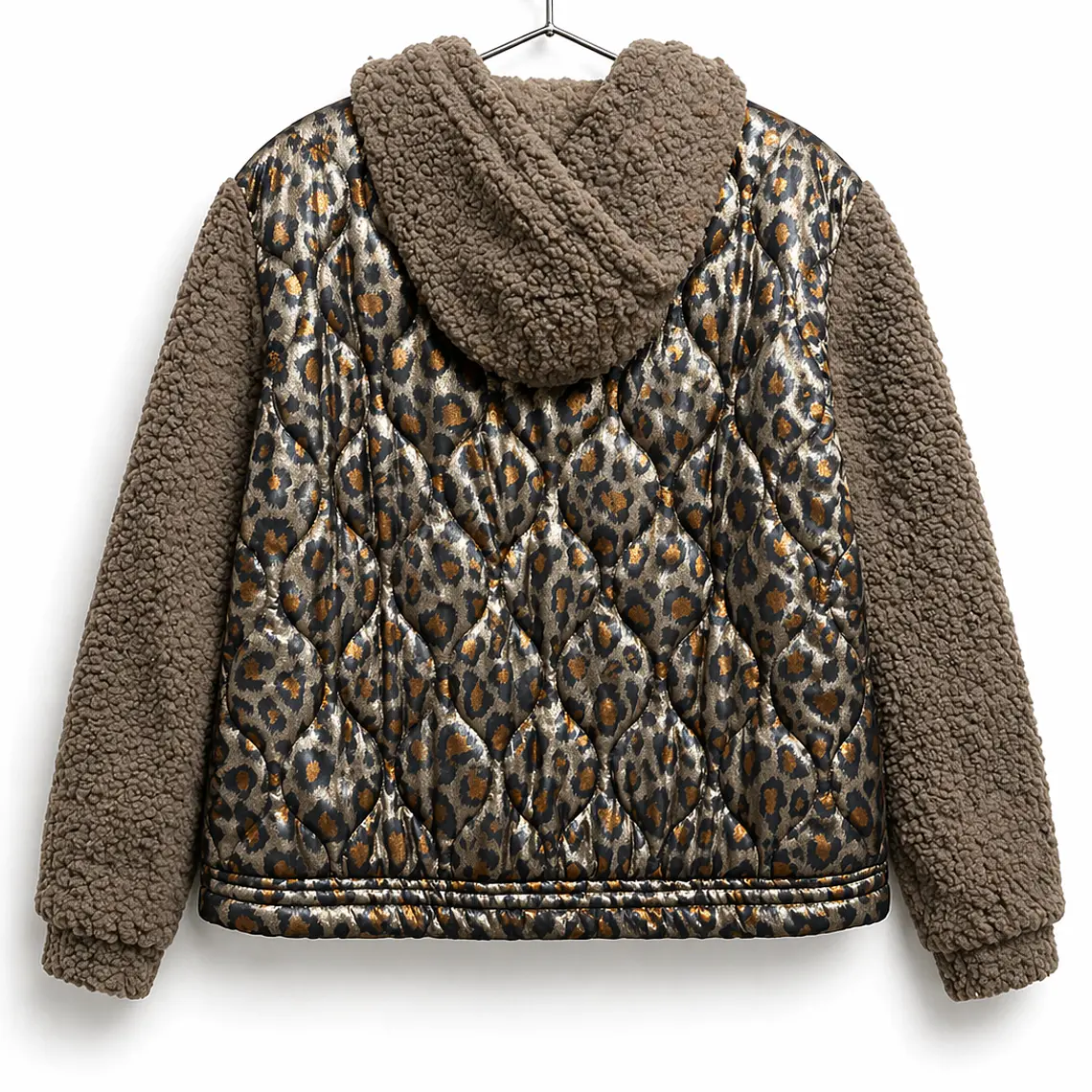 Chaqueta combinada acolchada animal print y teddy café 2