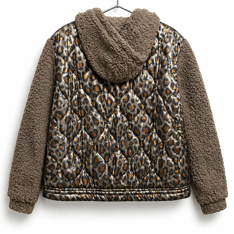 Chaqueta combinada acolchada animal print y teddy café 2