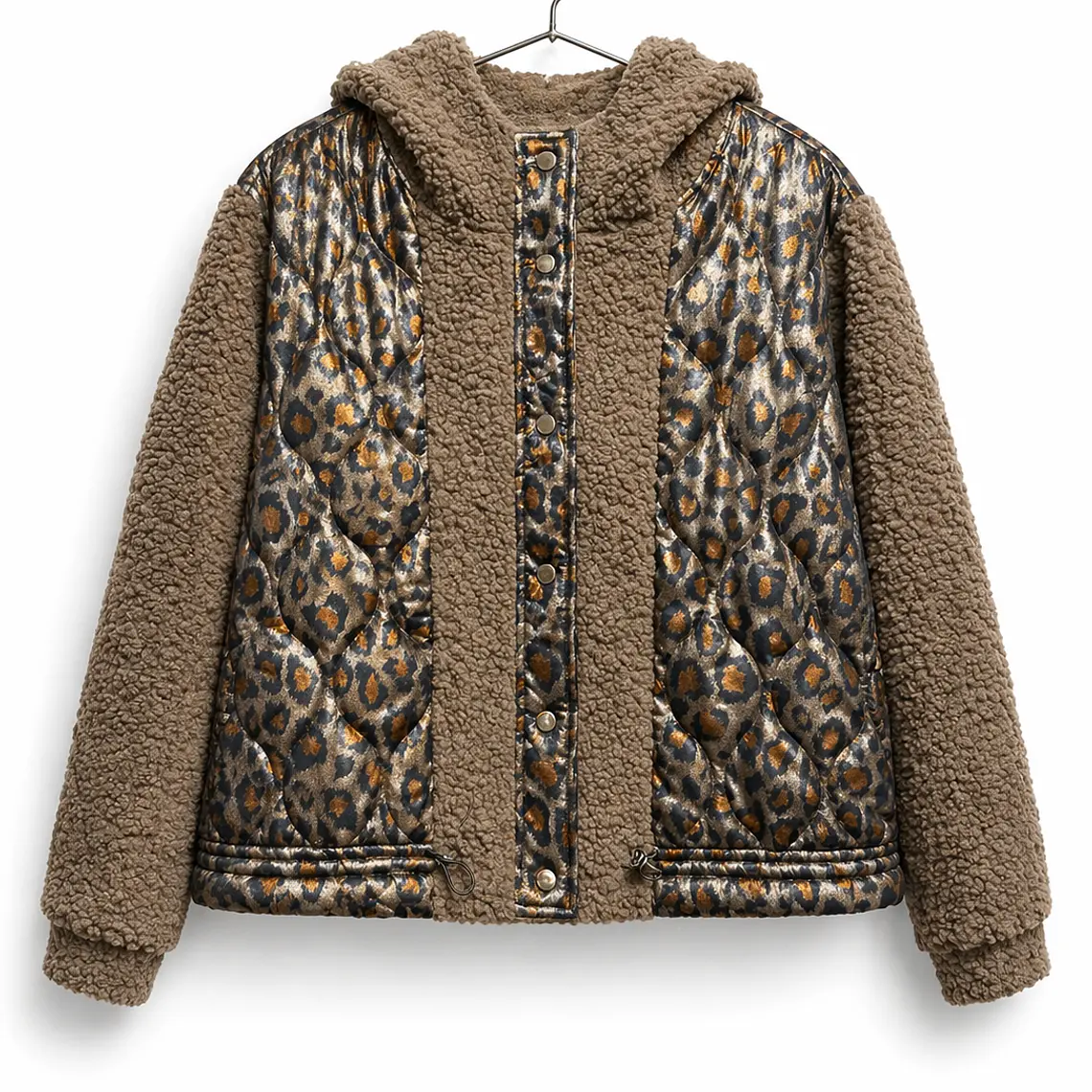 Chaqueta combinada acolchada animal print y teddy café 1