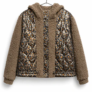 Chaqueta combinada acolchada animal print y teddy café