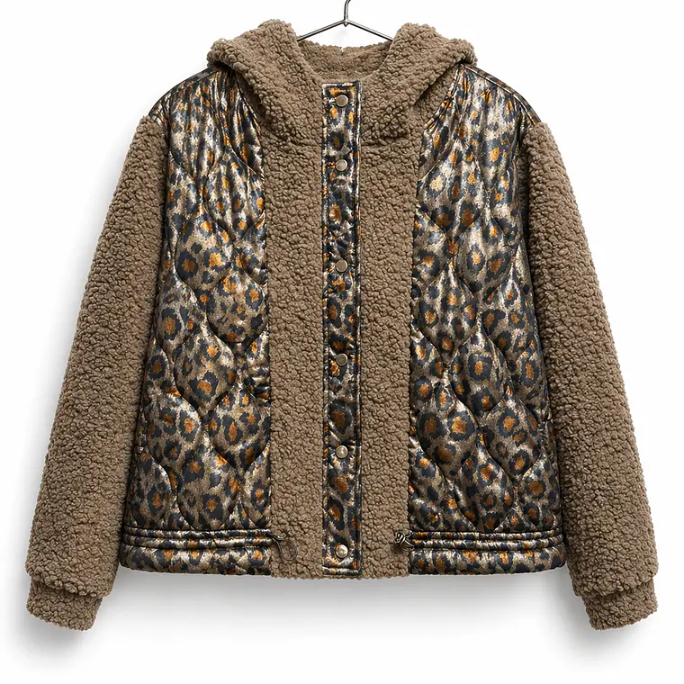 Chaqueta combinada acolchada animal print y teddy café 1